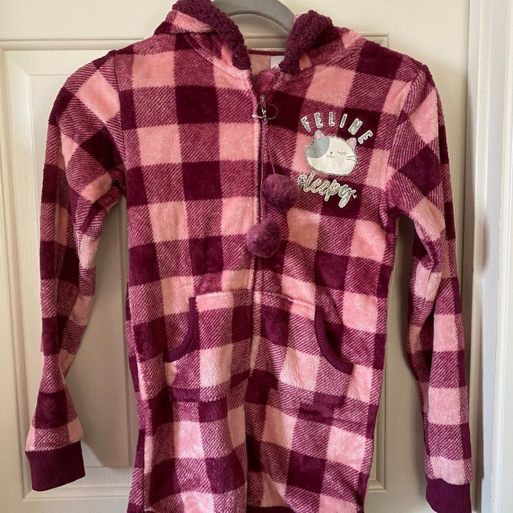 Justice Girls Fleece Hooded Romper Pajamas Size 7 Burgundy Pink Plaid